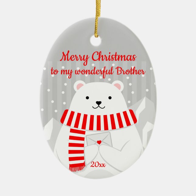 Custom Dated Christmas Polar Bear Cute Brother  Ceramic Ornament (Front)