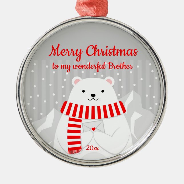Custom Dated Christmas Polar Bear Cute Brother Metal Ornament (Front)