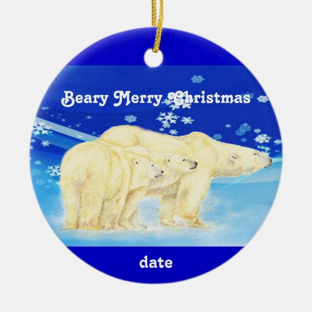 Custom Dated Christmas Polar Bears Fun Ceramic Tree Decoration (Front)