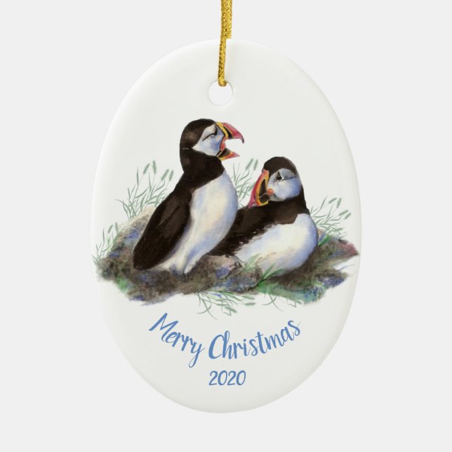 Custom Dated Christmas Puffin Ocean Bird Ceramic Ornament (Front)