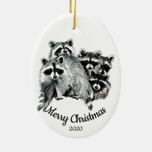 Custom Dated Christmas Raccoon Family of Five Ceramic Ornament