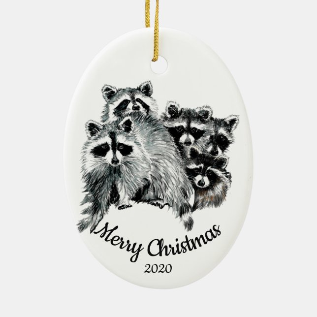 Custom Dated Christmas Raccoon Family of Five Ceramic Ornament (Back)