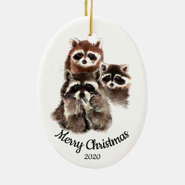 Custom Dated Christmas Racoon Family Fun Ceramic Ornament (Back)