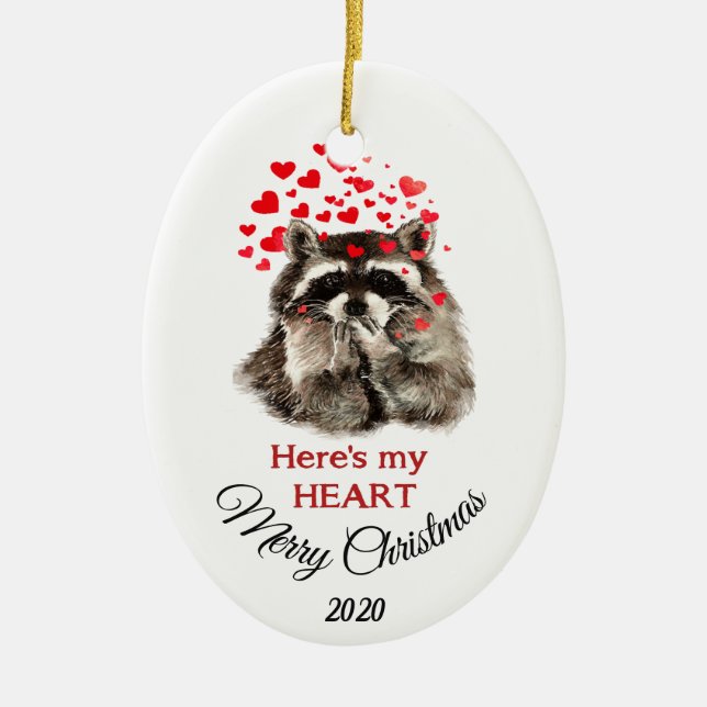 Custom Dated Christmas Racoon Here's my Heart Ceramic Tree Decoration (Front)