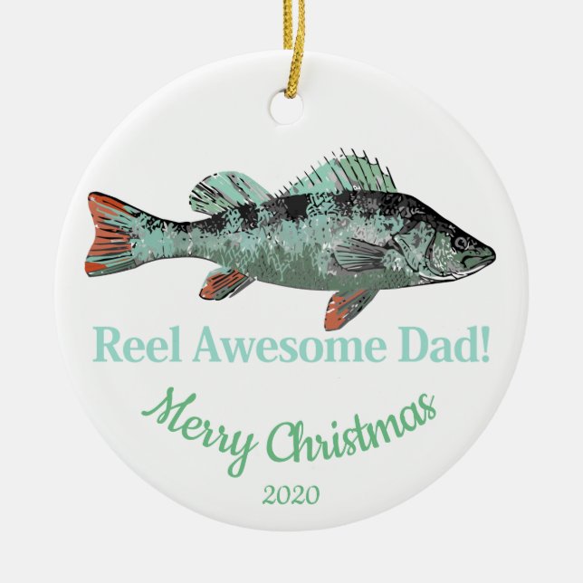 Custom Dated Christmas Reel Awesome Dad Fisherman Ceramic Tree Decoration (Front)