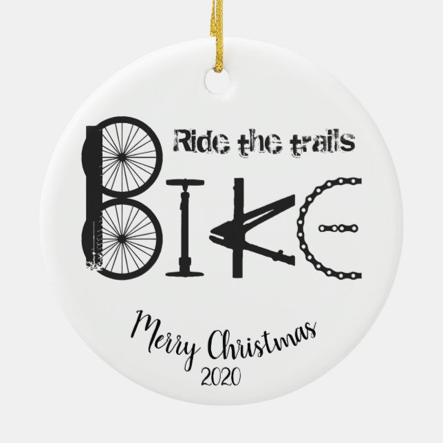 Custom Dated Christmas Ride the Trails Cycling Fun Ceramic Ornament (Back)