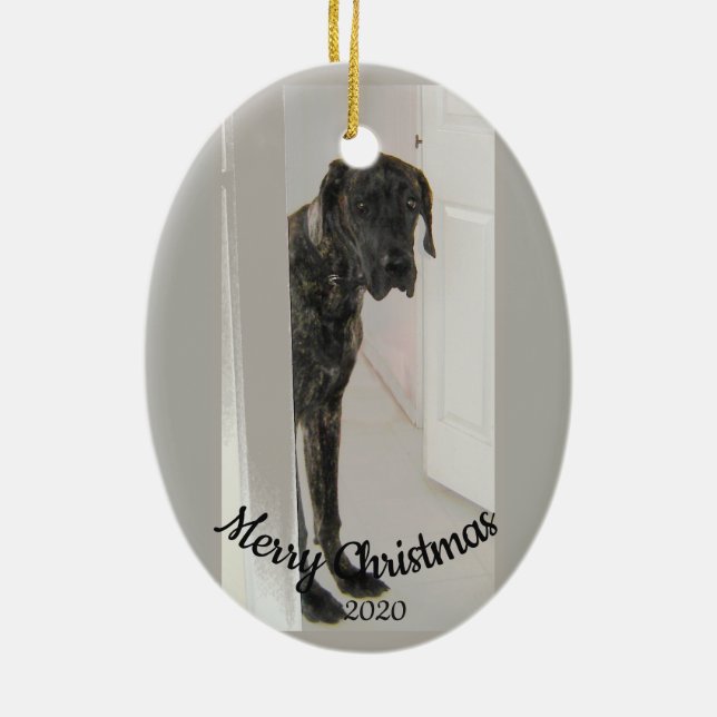 Custom Dated Christmas Sad Looking Great Dane Dog Ceramic Tree Decoration (Back)