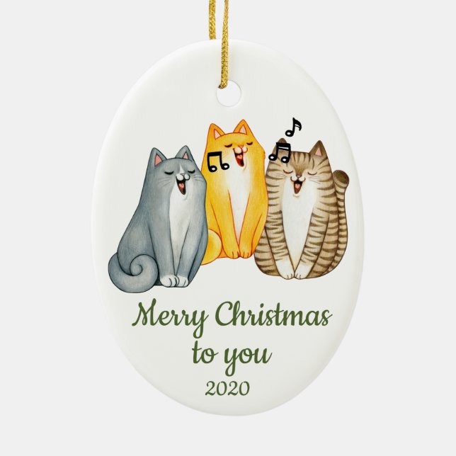 Custom Dated Christmas Singing Cats Cute Animal  Ceramic Ornament (Back)