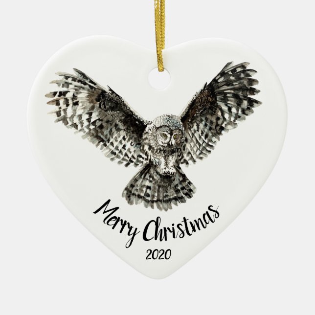 Custom Dated Christmas Striking Owl Bird Ceramic Ornament (Front)