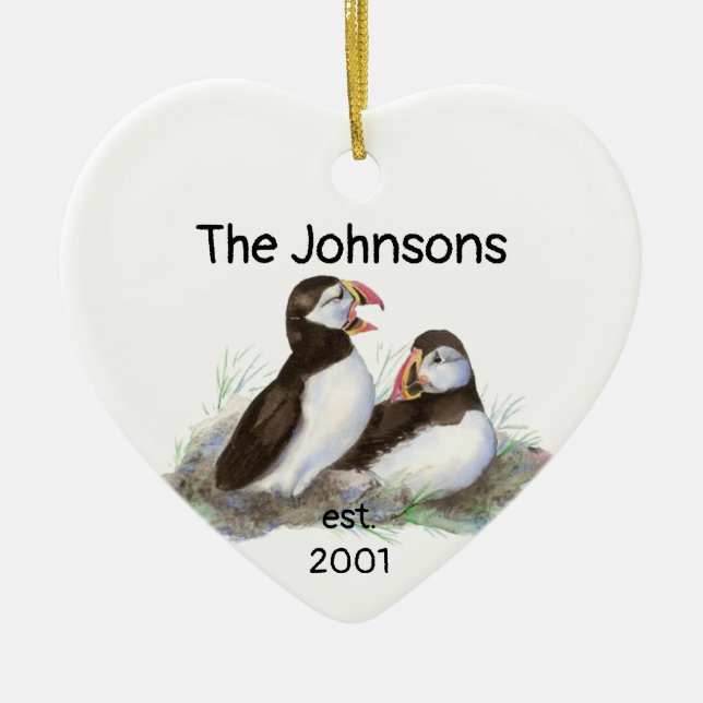 Custom Dated Christmas Together Puffins Bird Ceramic Ornament (Front)