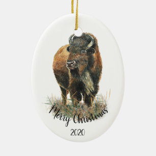 Custom Dated Christmas Watercolor Bison Buffalo Ceramic Ornament