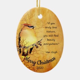 Custom Dated Christmas Watercolor Cedar Waxwing Ceramic Ornament
