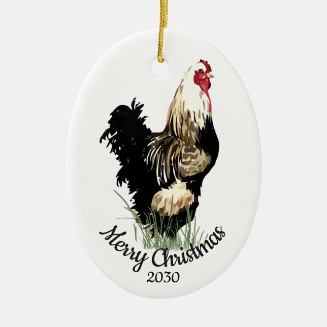 Custom Dated Christmas Watercolor Chicken Bird Ceramic Ornament (Front)
