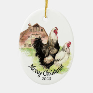 Custom Dated Christmas Watercolor Chicken Bird Ceramic Tree Decoration