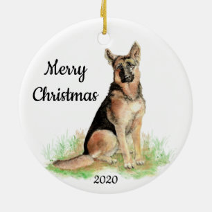 Custom Dated Christmas Watercolor German Shepherd Ceramic Tree Decoration