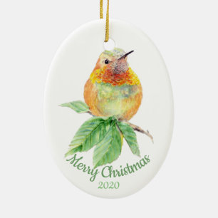 Custom Dated Christmas Watercolor Hummingbird Bird Ceramic Tree Decoration