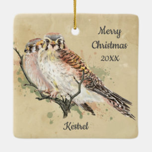 Custom Dated Christmas Watercolor Kestrel, Falcon  Ceramic Ornament