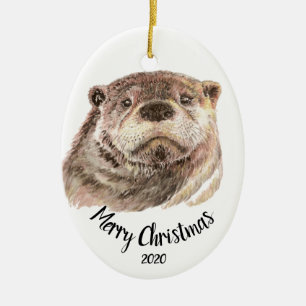 Custom Dated Christmas Watercolor Otter Animal Ceramic Tree Decoration