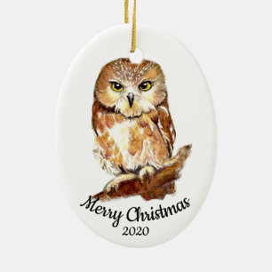 Custom Dated Christmas  Watercolor Owl Bird Ceramic Tree Decoration