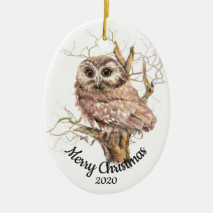 Custom Dated Christmas Watercolor Owl in Tree Ceramic Tree Decoration