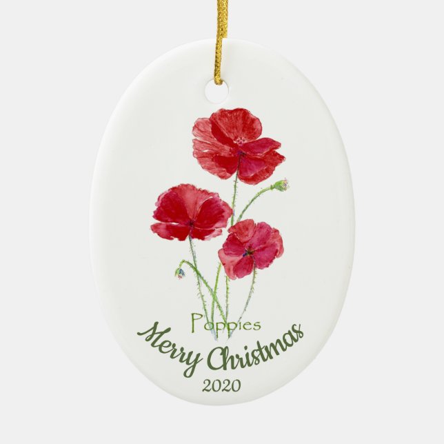 Custom Dated Christmas Watercolor Poppy Flower Ceramic Ornament (Front)