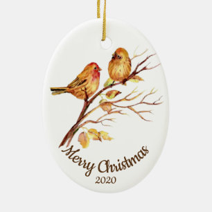 Custom Dated Christmas Watercolor Sparrow Birds Ceramic Tree Decoration