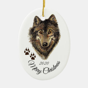 Custom Dated Christmas Watercolor Wolf Head Animal Ceramic Tree Decoration