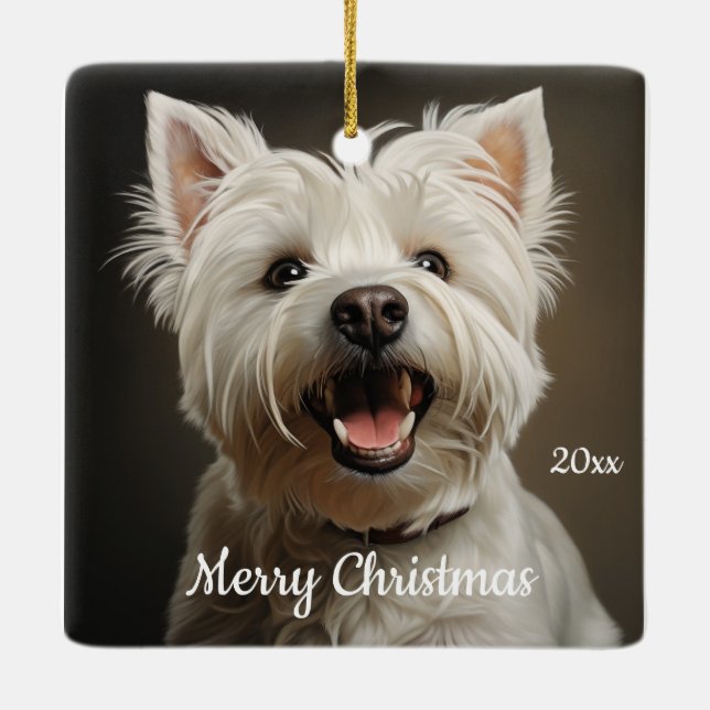 Custom Dated Christmas West Highland Terrier Ceramic Ornament (Back)