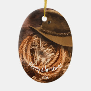 Custom Dated Christmas Western Cowboy Hat Lariat Ceramic Ornament