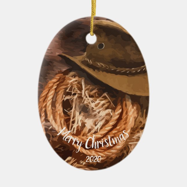 Custom Dated Christmas Western Cowboy Hat Lariat Ceramic Ornament (Front)