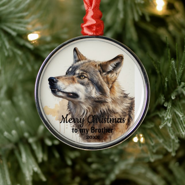 Custom Dated Christmas Wolf Animal Brother Metal Ornament (Tree)