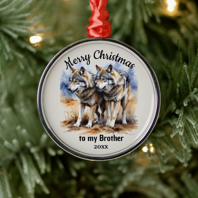 Custom Dated Christmas Wolf Brother Metal Ornament (Tree)