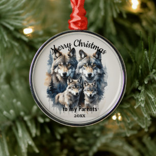 Custom Dated Christmas Wolf Parents  Metal Ornament