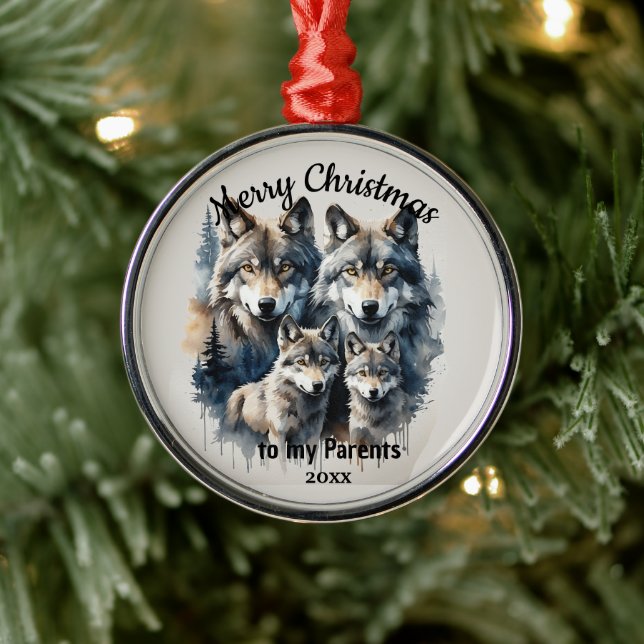 Custom Dated Christmas Wolf Parents  Metal Ornament (Tree)
