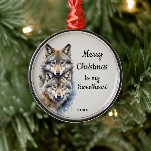 Custom Dated Christmas Wolf Sweetheart Metal Ornament (Tree)