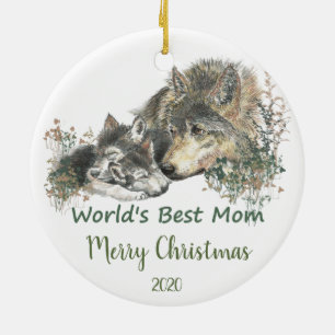 Custom Dated Christmas World's Best Mum Wolf Art Ceramic Ornament