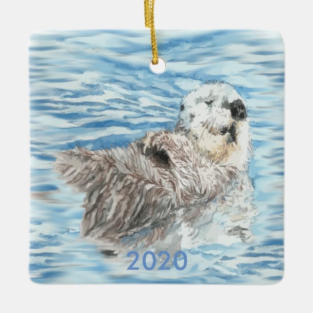Custom Dated Cute Otter Floating Blue Water Ceramic Ornament (Front)