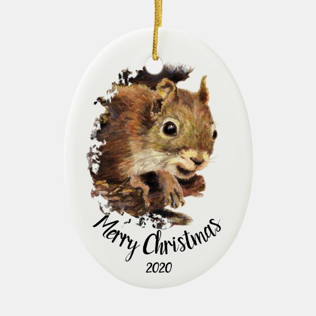 Custom Dated Cute Squirrel Peeking Merry Christmas Ceramic Tree Decoration (Front)