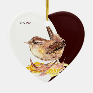 Custom, Dated Cute Watercolor Wren Bird Ceramic Ornament