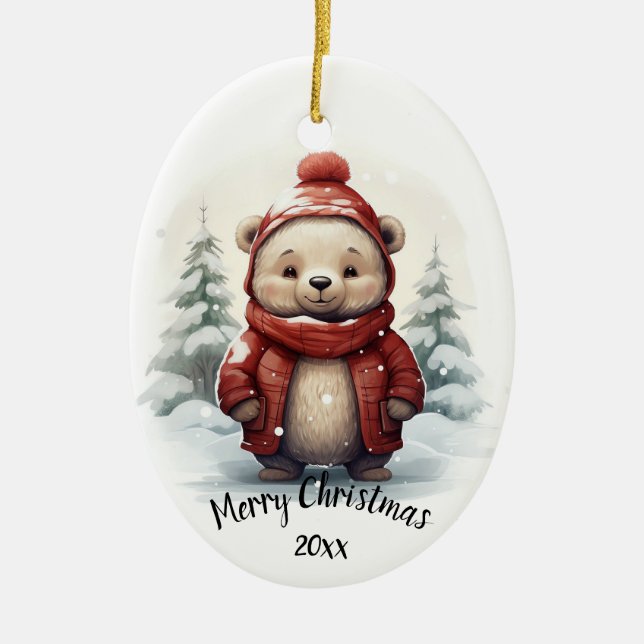 Custom Dated Cute Winter Bear Animal Christmas  Ceramic Ornament (Front)