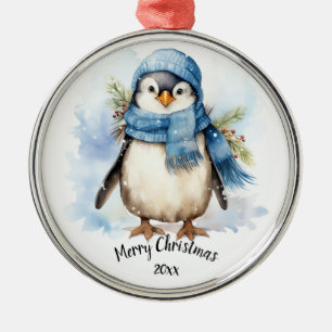 Custom Dated Cute Winter Penguin Bird Christmas Metal Ornament