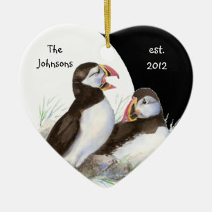 Custom Dated Family Monogram & Puffins Birds Ceramic Tree Decoration