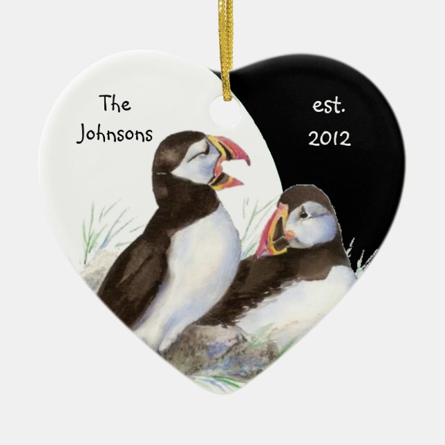 Custom Dated Family Monogram & Puffins Birds Ceramic Tree Decoration (Front)