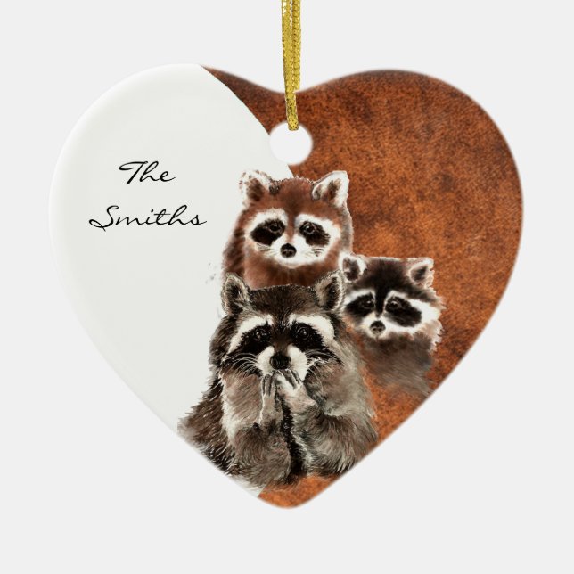 Custom Dated Family Monogram, Racoon Animal Ceramic Tree Decoration (Front)