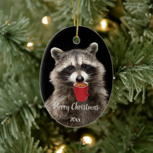 Custom Dated Fun Racoon Drinking Coffee  Ceramic Ornament