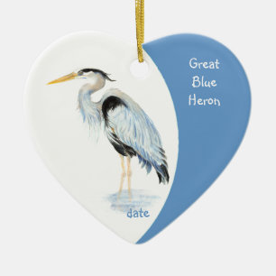 Custom Dated Great Blue Heron Watercolor Bird Ceramic Ornament