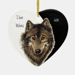 Custom Dated I love Wolves, Watercolor Animal Ceramic Tree Decoration