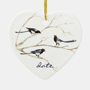 Custom Dated, Magpie Family, Birds Ceramic Ornament