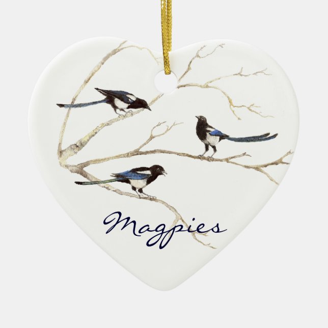 Custom Dated, Magpie Family, Birds Ceramic Tree Decoration (Front)
