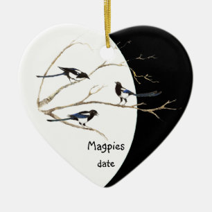 Custom Dated Magpie Family  Watercolor Bird Ceramic Tree Decoration